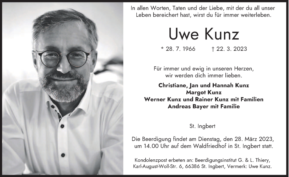  Traueranzeige für Uwe Kunz vom 25.03.2023 aus saarbruecker_zeitung
