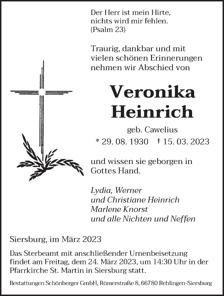  Traueranzeige für Veronika Heinrich vom 18.03.2023 aus saarbruecker_zeitung