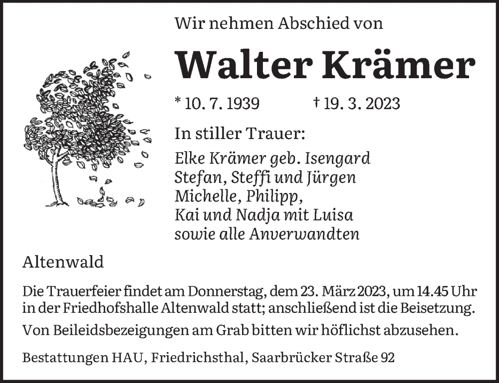  Traueranzeige für Walter Krämer vom 22.03.2023 aus saarbruecker_zeitung