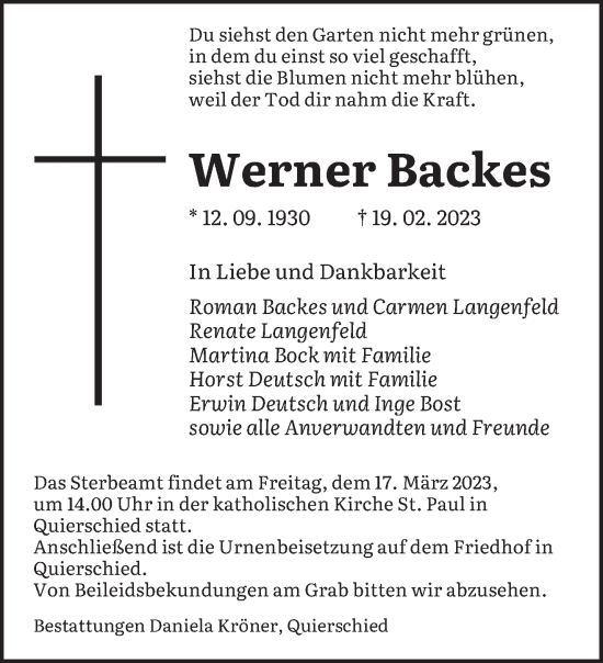 Traueranzeige von Werner Backes von saarbruecker_zeitung
