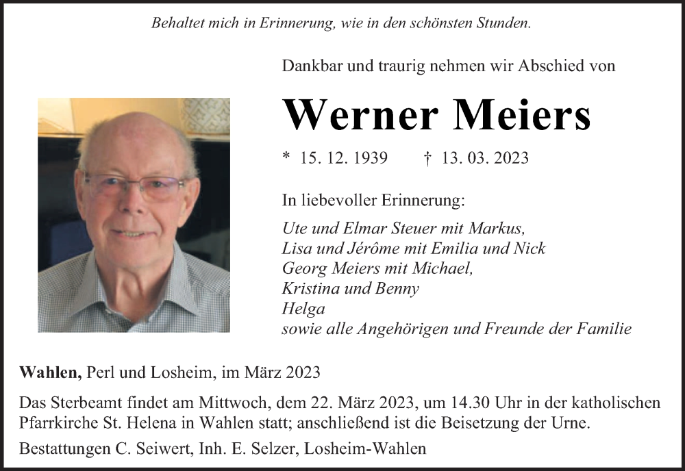  Traueranzeige für Werner Meiers vom 18.03.2023 aus saarbruecker_zeitung