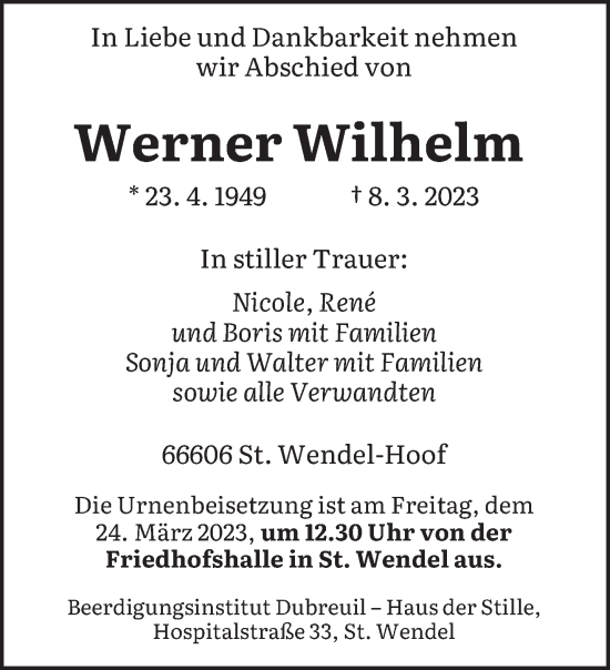 Traueranzeige von Werner Wilhelm von saarbruecker_zeitung