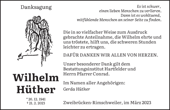 Traueranzeige von Wilhelm Hüther von saarbruecker_zeitung