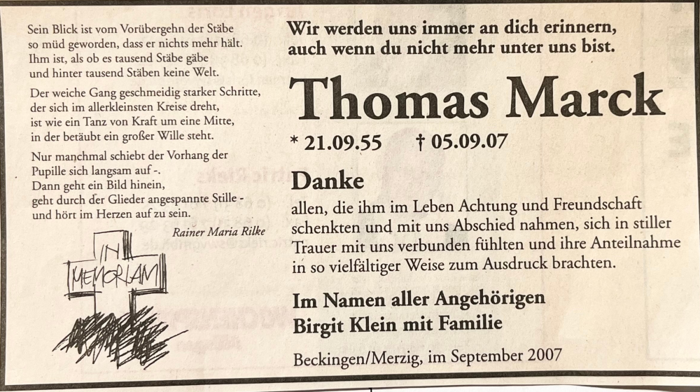  Traueranzeige für Thomas Marck vom 05.09.2007 aus SAARBRÜCKER ZEITUNG