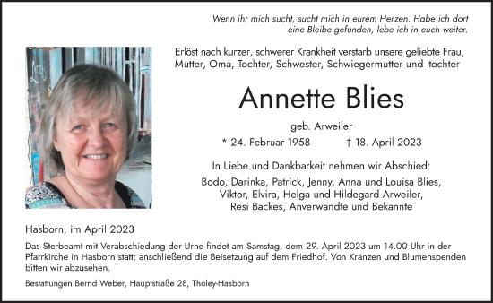 Traueranzeige von Annette Blies von saarbruecker_zeitung