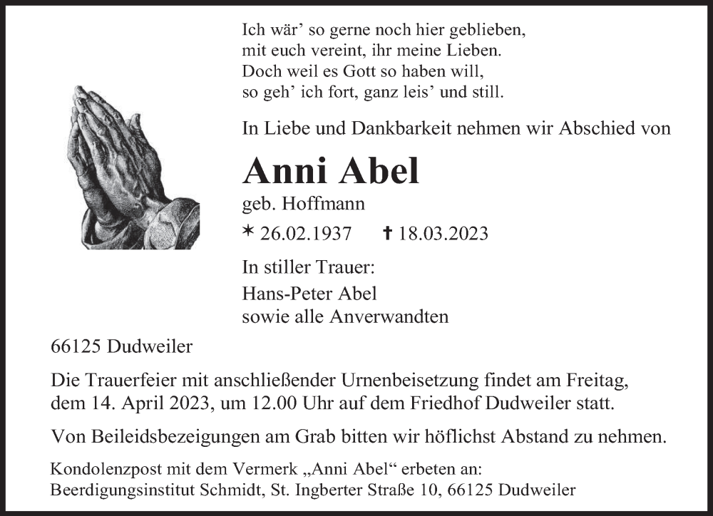  Traueranzeige für Anni Abel vom 08.04.2023 aus saarbruecker_zeitung