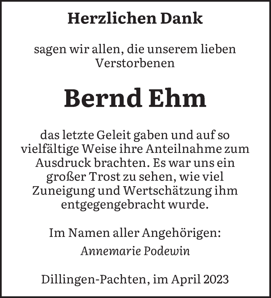  Traueranzeige für Bernd Ehm vom 22.04.2023 aus saarbruecker_zeitung
