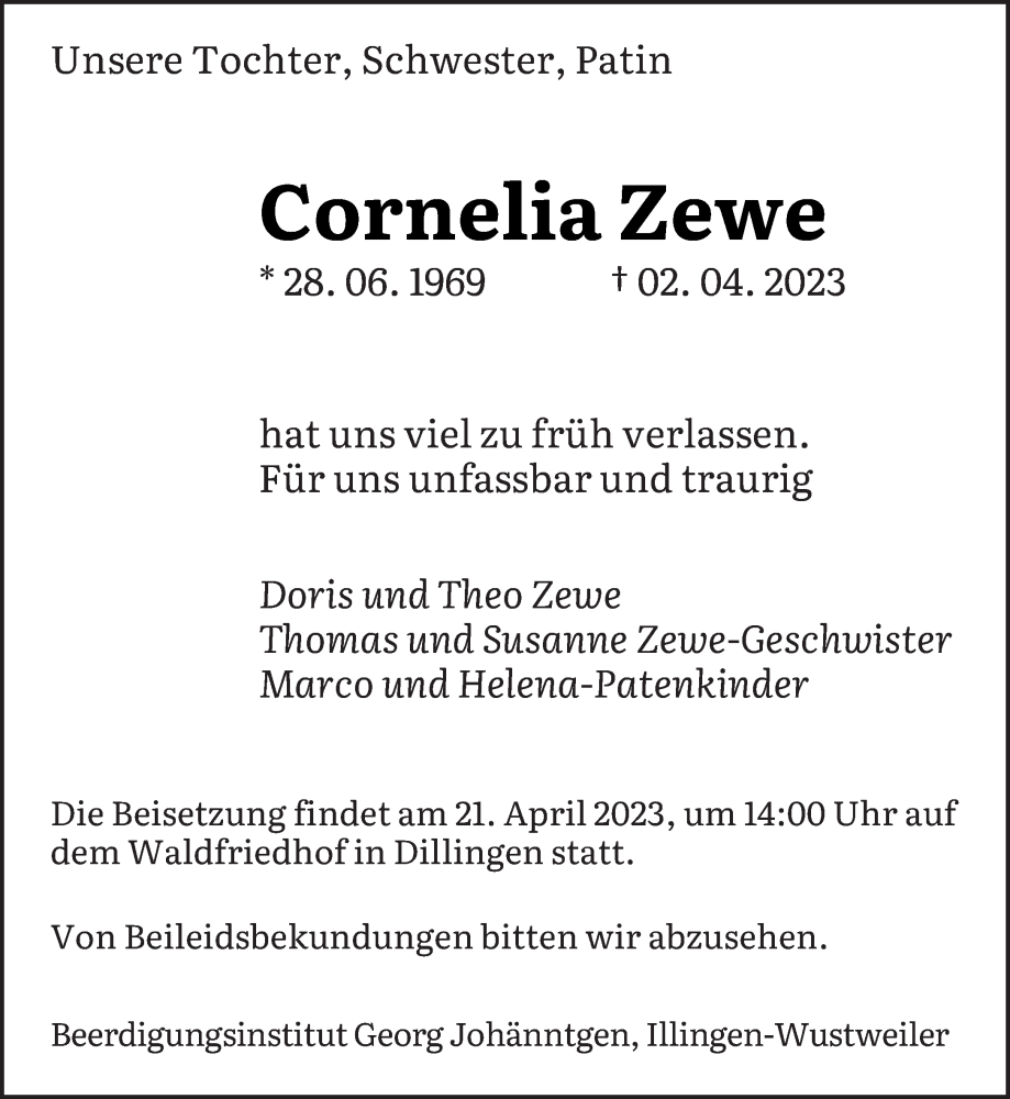  Traueranzeige für Cornelia Zewe vom 15.04.2023 aus saarbruecker_zeitung