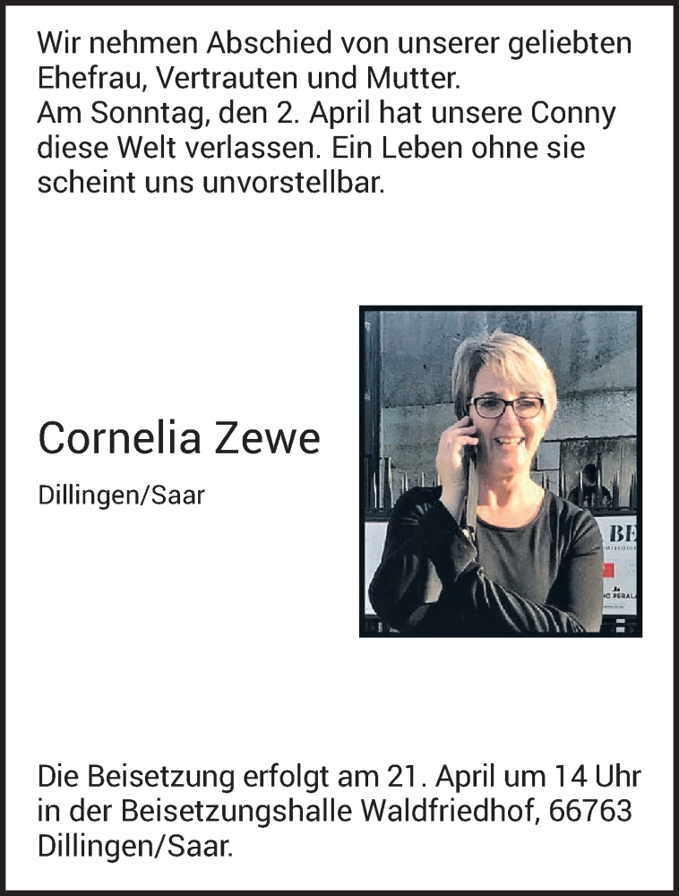  Traueranzeige für Cornelia Zewe vom 15.04.2023 aus saarbruecker_zeitung