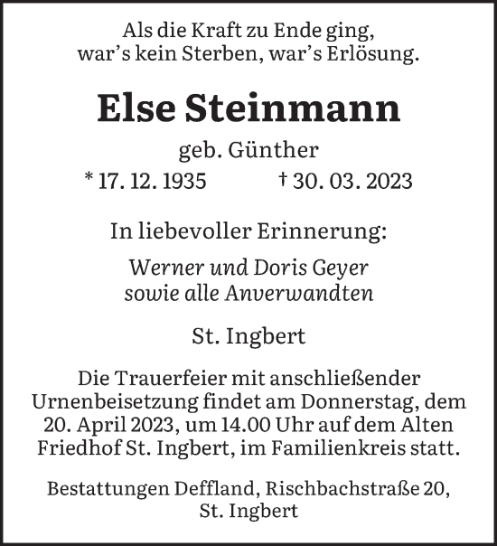 Traueranzeige von Else Steinmann von saarbruecker_zeitung