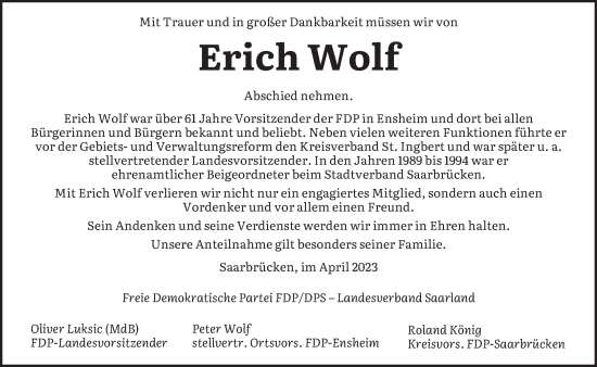 Traueranzeige von Erich Wolf von saarbruecker_zeitung