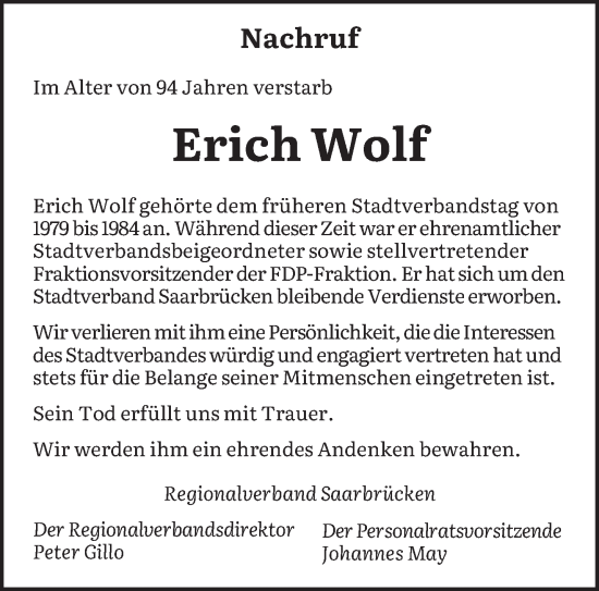 Traueranzeige von Erich Wolf von saarbruecker_zeitung