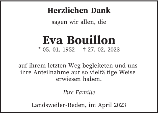 Traueranzeige von Eva Bouillon von saarbruecker_zeitung