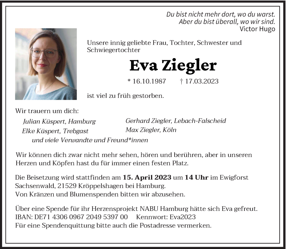  Traueranzeige für Eva Ziegler vom 08.04.2023 aus saarbruecker_zeitung