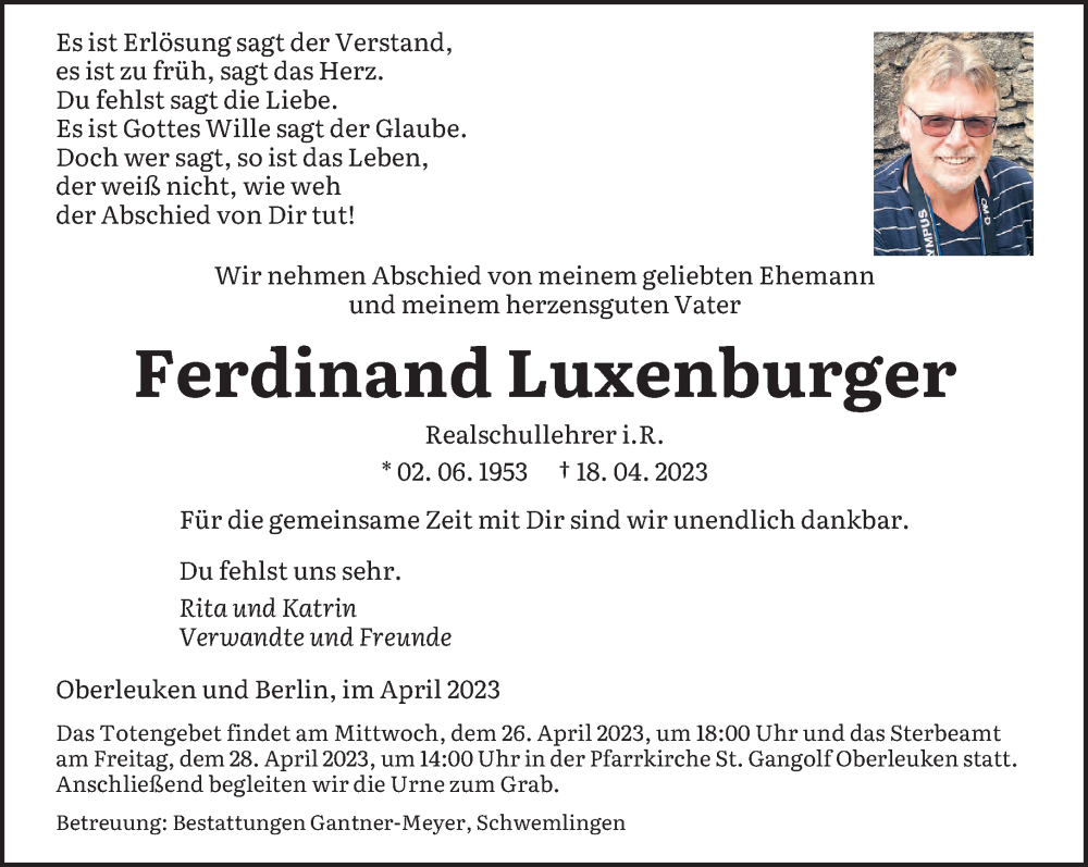  Traueranzeige für Ferdinand Luxenburger vom 22.04.2023 aus saarbruecker_zeitung