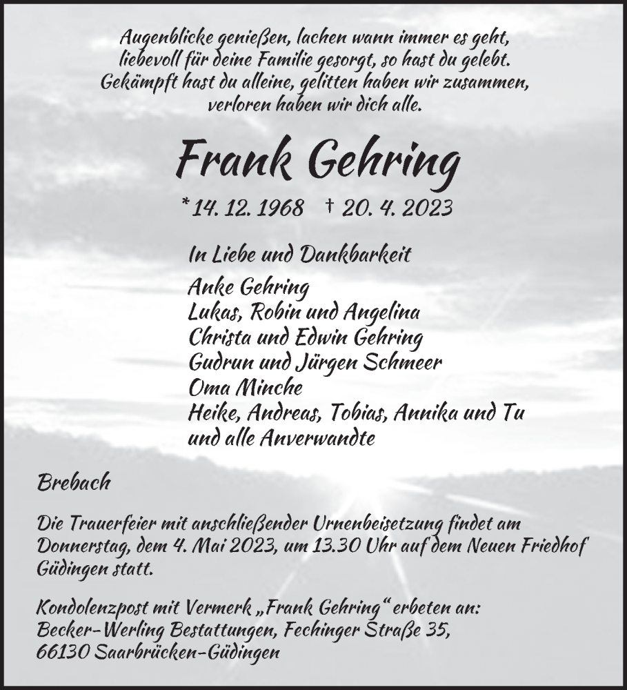  Traueranzeige für Frank Gehring vom 29.04.2023 aus saarbruecker_zeitung