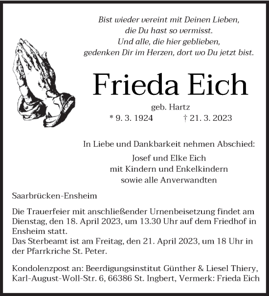 Traueranzeige von Frieda Eich von saarbruecker_zeitung