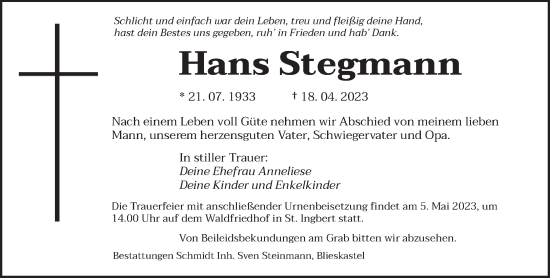 Traueranzeige von Hans Stegmann von saarbruecker_zeitung