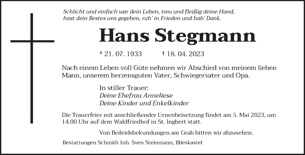  Traueranzeige für Hans Stegmann vom 29.04.2023 aus saarbruecker_zeitung