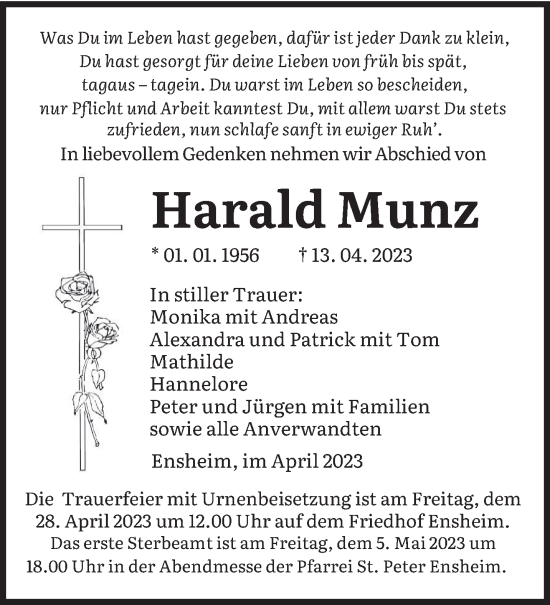 Traueranzeige von Harald Munz von saarbruecker_zeitung