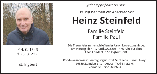 Traueranzeige von Heinz Steinfeld von saarbruecker_zeitung