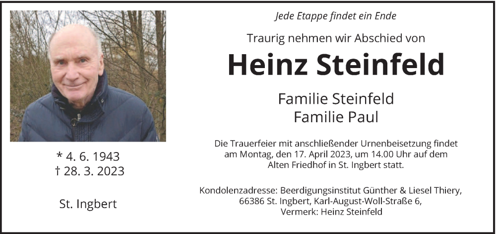  Traueranzeige für Heinz Steinfeld vom 08.04.2023 aus saarbruecker_zeitung
