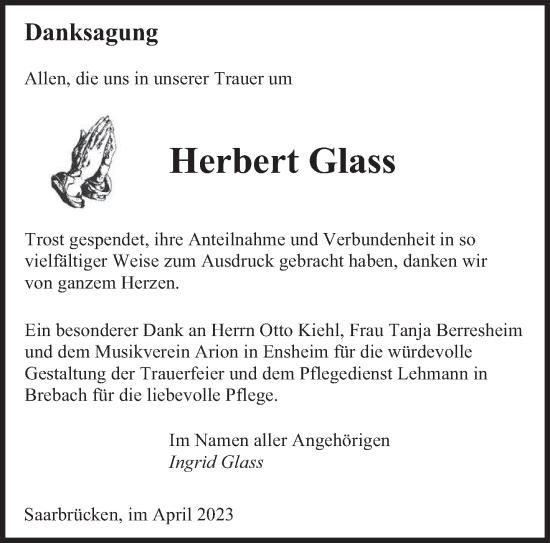 Traueranzeige von Herbert Glass von saarbruecker_zeitung