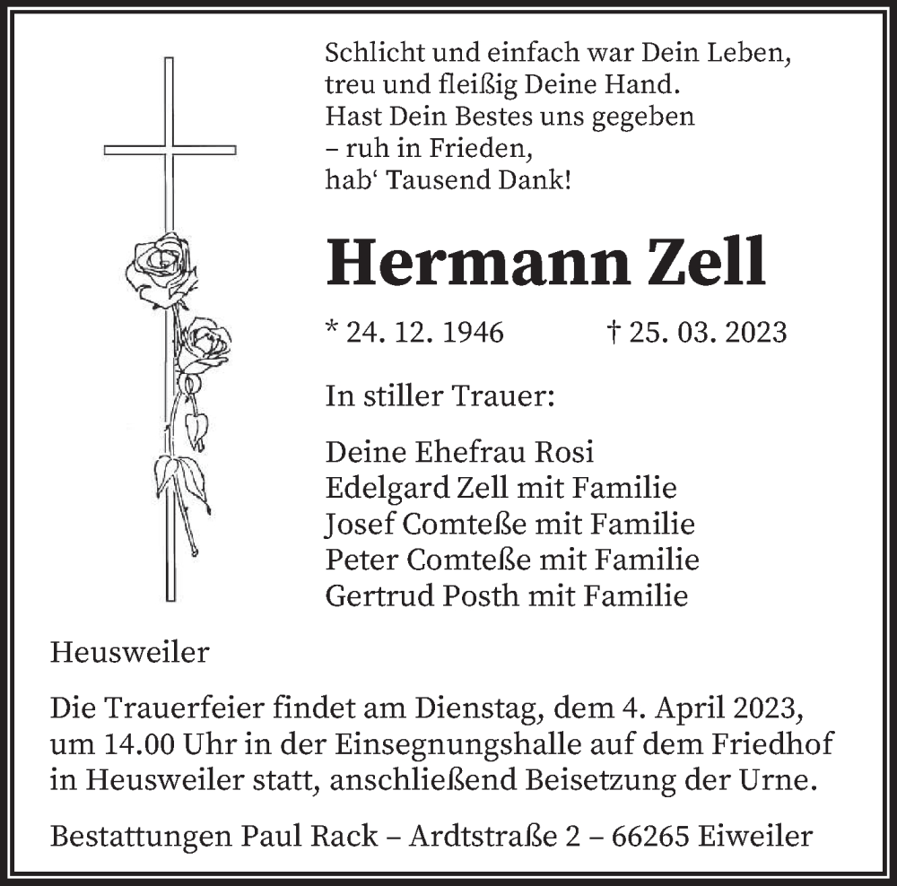  Traueranzeige für Hermann Zell vom 01.04.2023 aus saarbruecker_zeitung