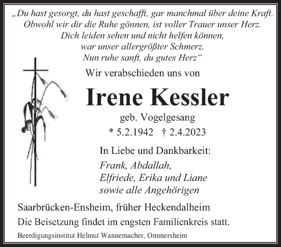 Traueranzeige von Irene Kessler von saarbruecker_zeitung