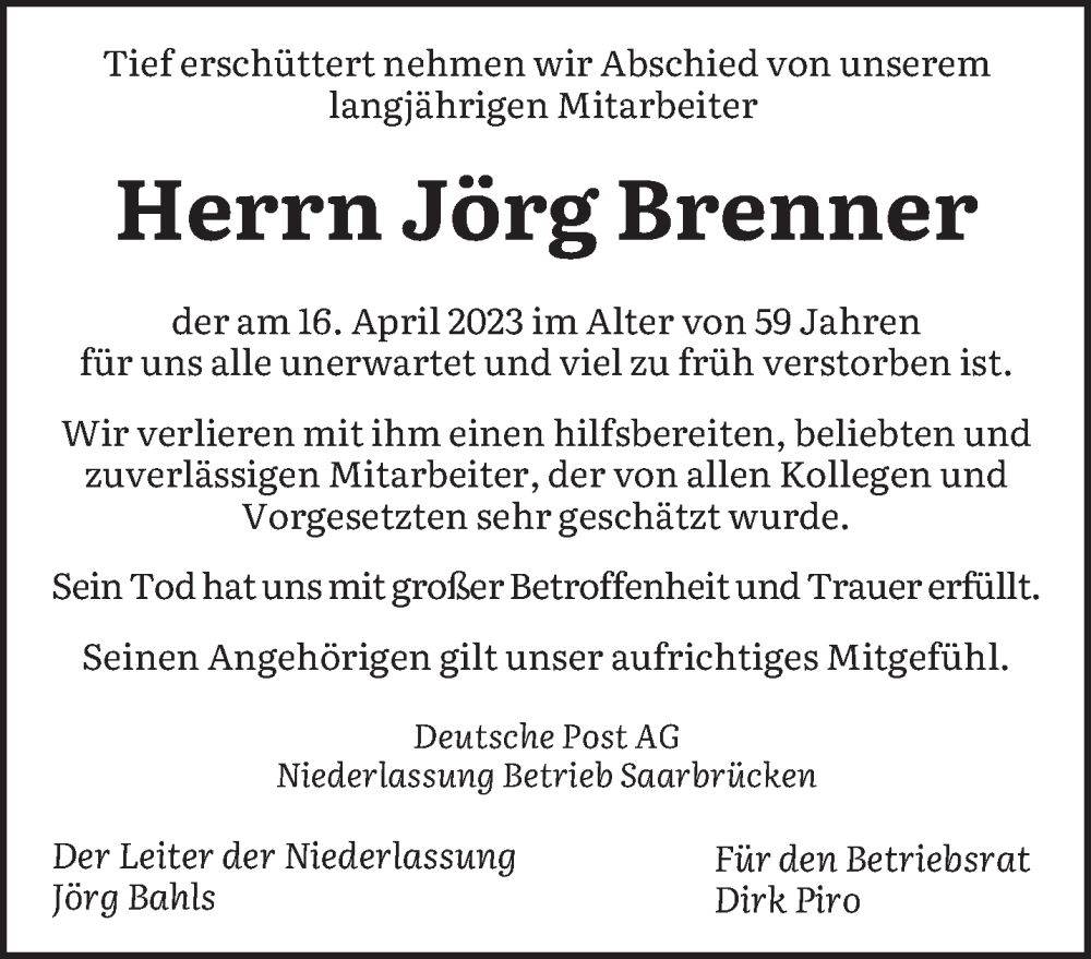  Traueranzeige für Jörg Brenner vom 29.04.2023 aus saarbruecker_zeitung