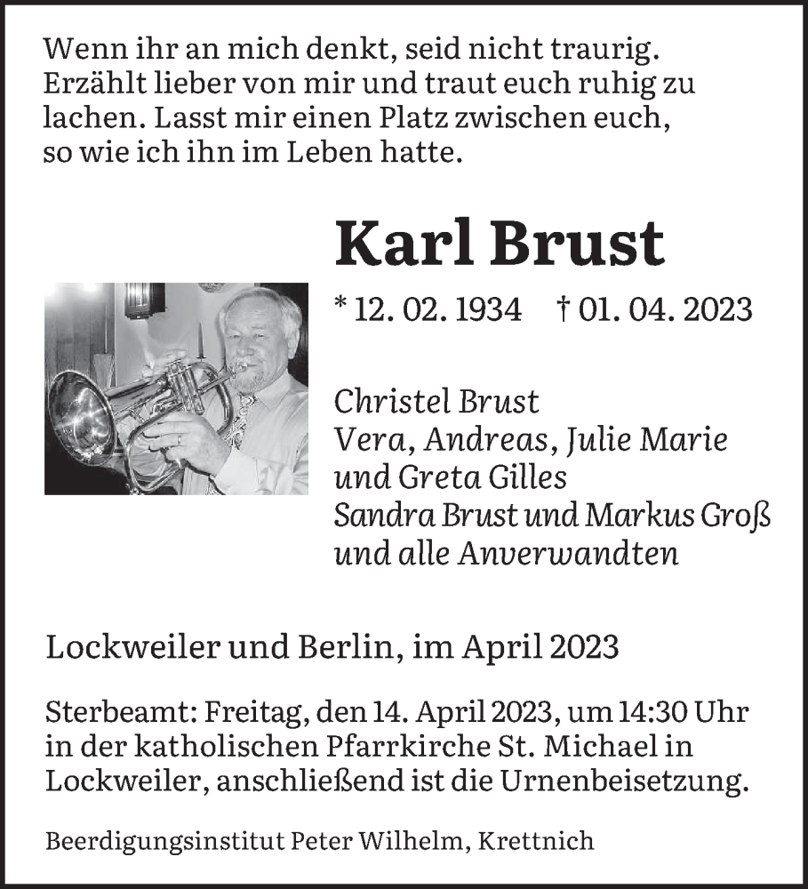 Traueranzeigen Von Karl Brust Saarbruecker Zeitung Trauer De