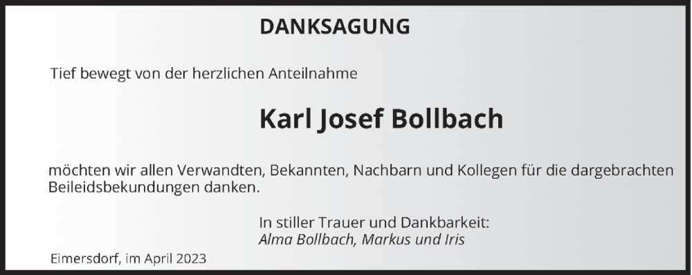  Traueranzeige für Karl Josef Bollbach vom 22.04.2023 aus saarbruecker_zeitung