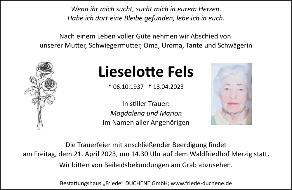 Traueranzeige für Lieselotte Fels vom 19.04.2023 aus saarbruecker_zeitung