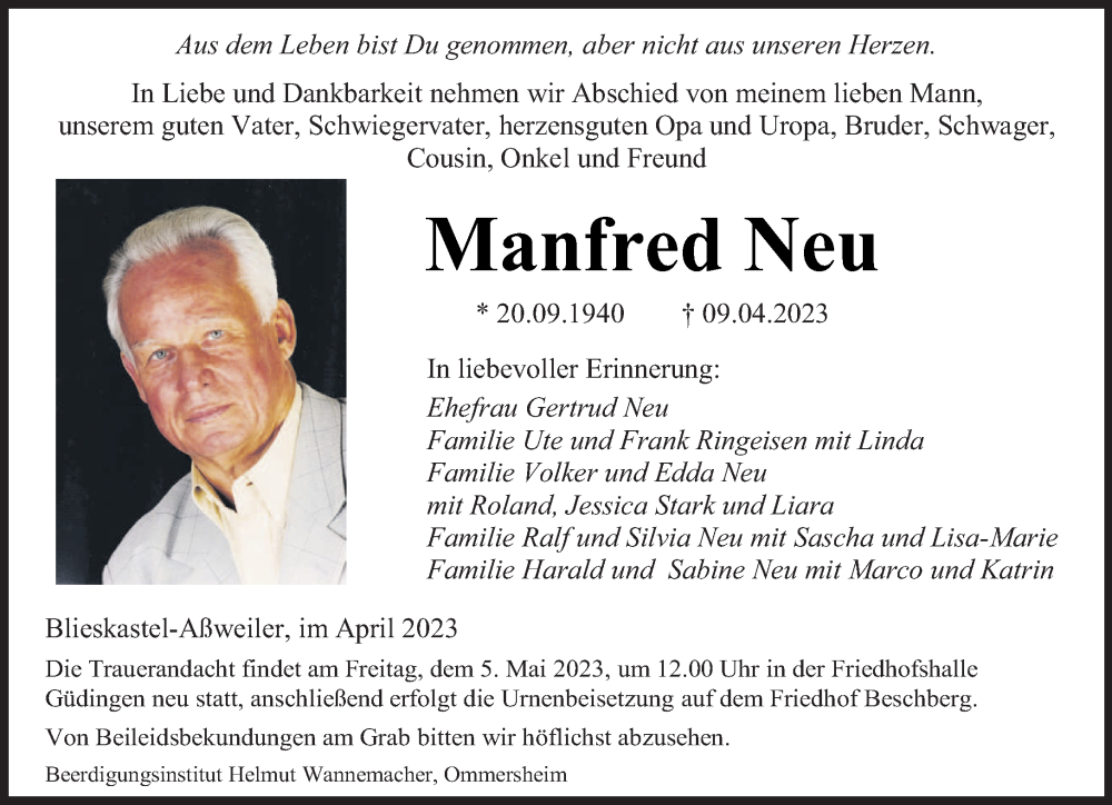  Traueranzeige für Manfred Neu vom 22.04.2023 aus saarbruecker_zeitung
