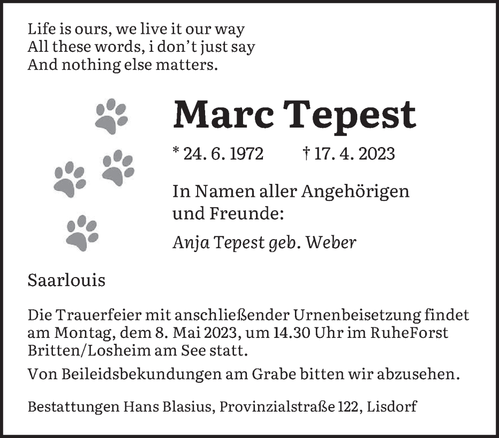  Traueranzeige für Marc Tepest vom 29.04.2023 aus saarbruecker_zeitung