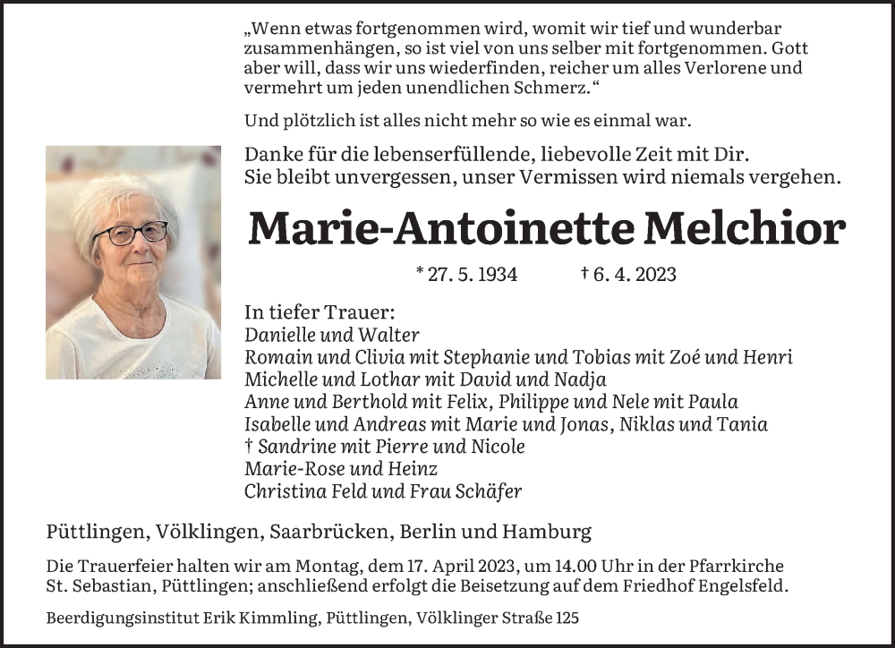  Traueranzeige für Marie-Antoinette Melchior vom 15.04.2023 aus saarbruecker_zeitung