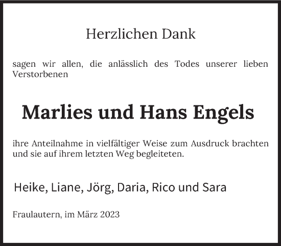 Traueranzeige von Marlies und Hans Engels von saarbruecker_zeitung