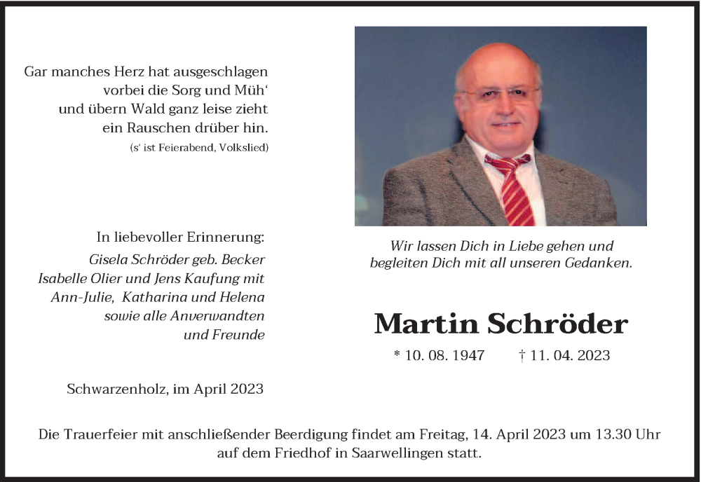  Traueranzeige für Martin Schröder vom 13.04.2023 aus saarbruecker_zeitung