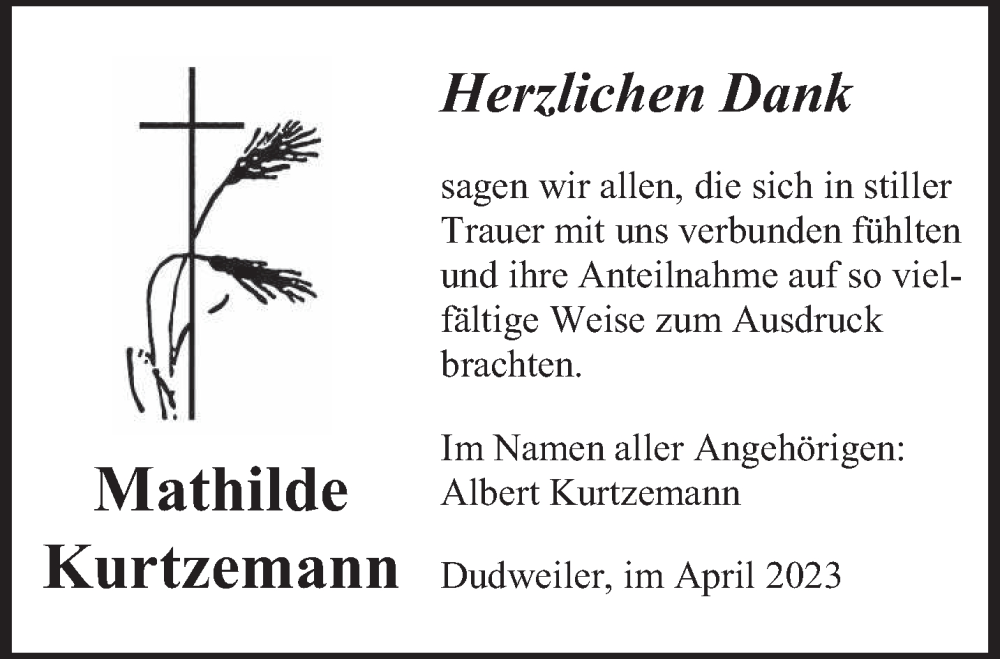  Traueranzeige für Mathilde Kurtzemann vom 22.04.2023 aus saarbruecker_zeitung