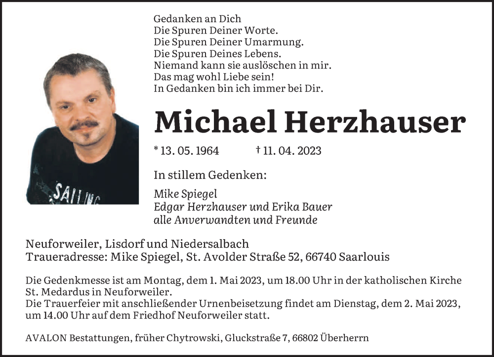  Traueranzeige für Michael Herzhauser vom 29.04.2023 aus saarbruecker_zeitung