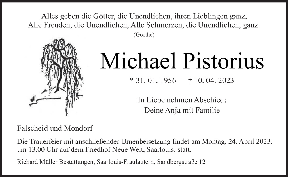  Traueranzeige für Michael Pistorius vom 15.04.2023 aus saarbruecker_zeitung