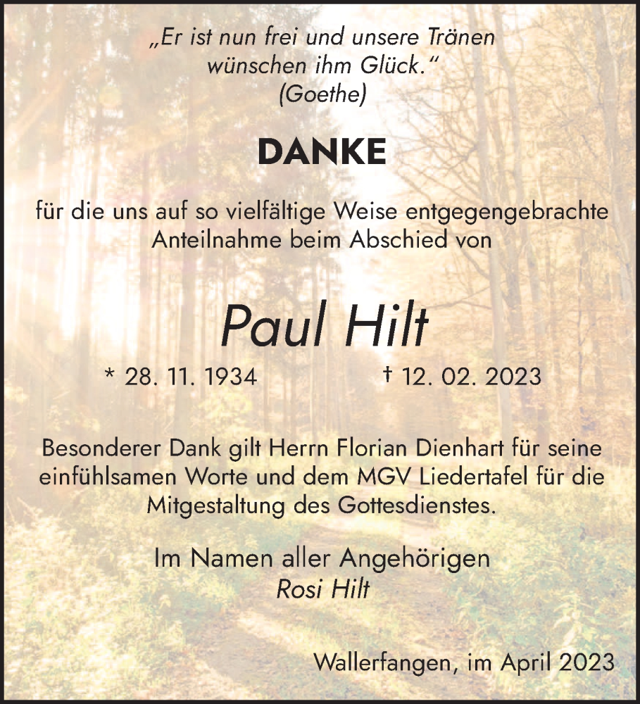  Traueranzeige für Paul Hilt vom 22.04.2023 aus saarbruecker_zeitung