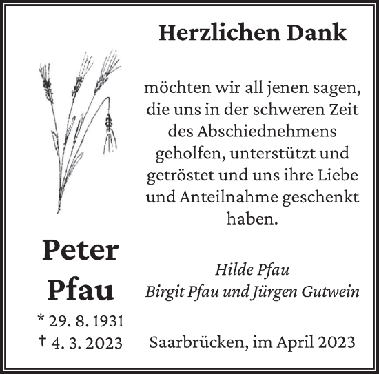 Traueranzeige von Peter Pfau von saarbruecker_zeitung