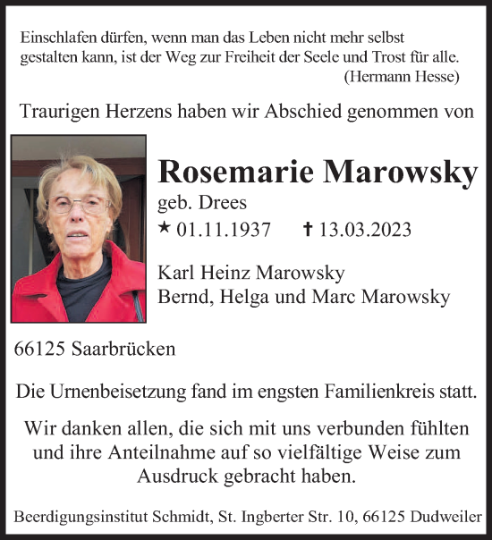 Traueranzeige von Rosemarie Marowsky von saarbruecker_zeitung