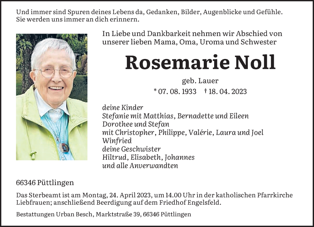  Traueranzeige für Rosemarie Noll vom 22.04.2023 aus saarbruecker_zeitung