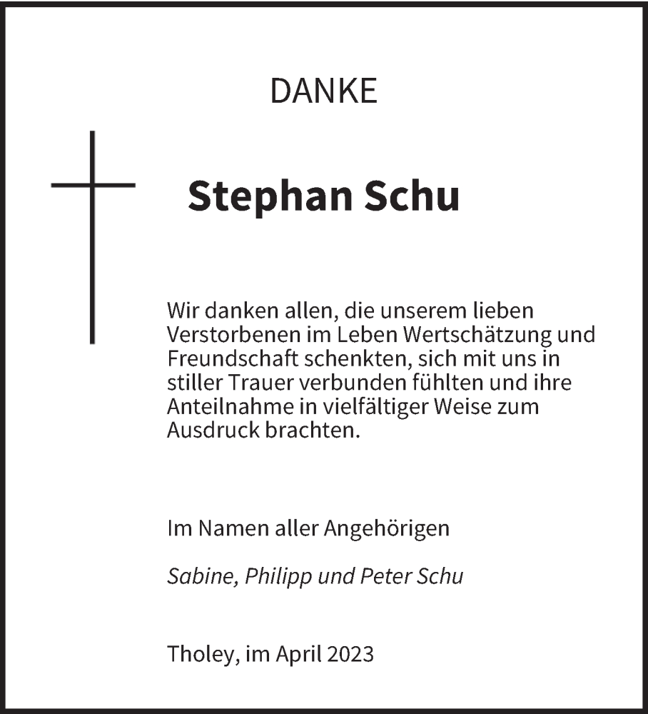 Traueranzeige für Stephan Schu vom 19.04.2023 aus saarbruecker_zeitung