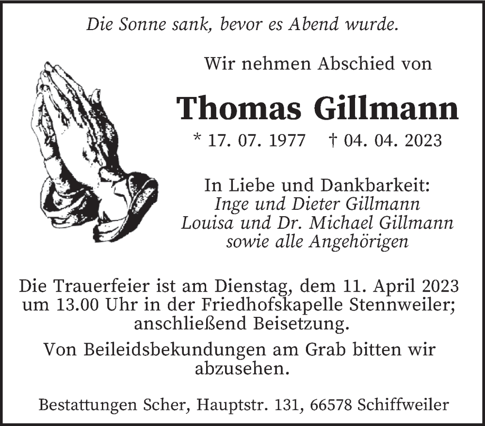  Traueranzeige für Thomas Gillmann vom 08.04.2023 aus saarbruecker_zeitung