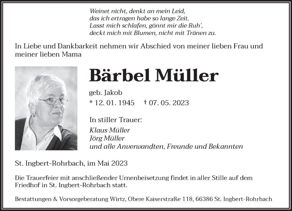  Traueranzeige für Bärbel Müller vom 20.05.2023 aus saarbruecker_zeitung