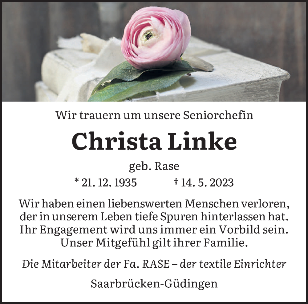  Traueranzeige für Christa Linke vom 27.05.2023 aus saarbruecker_zeitung