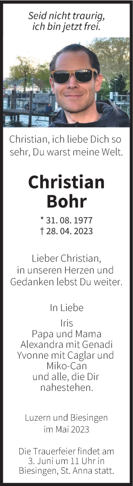  Traueranzeige für Christian Bohr vom 27.05.2023 aus saarbruecker_zeitung